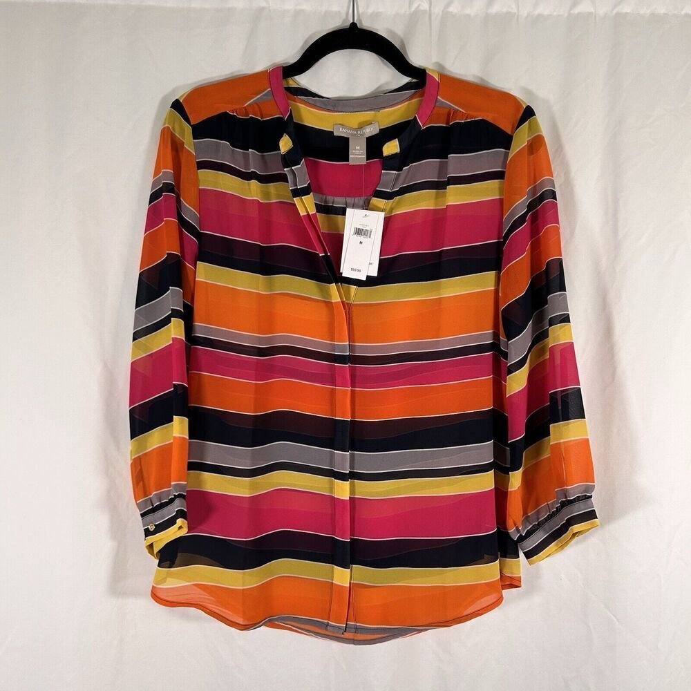 New Banana Republic Blouse Women's Medium Rainbow Short Sleeve Sheer Button Up